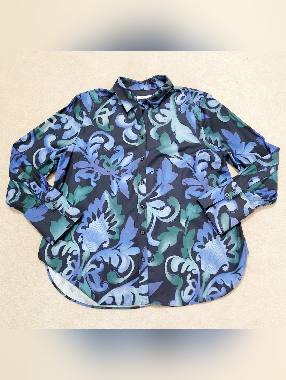 Chico’s Woman Size 12 Blue Floral Button Front Blouse Cotton Blend Stretch - Picture 12 of 12